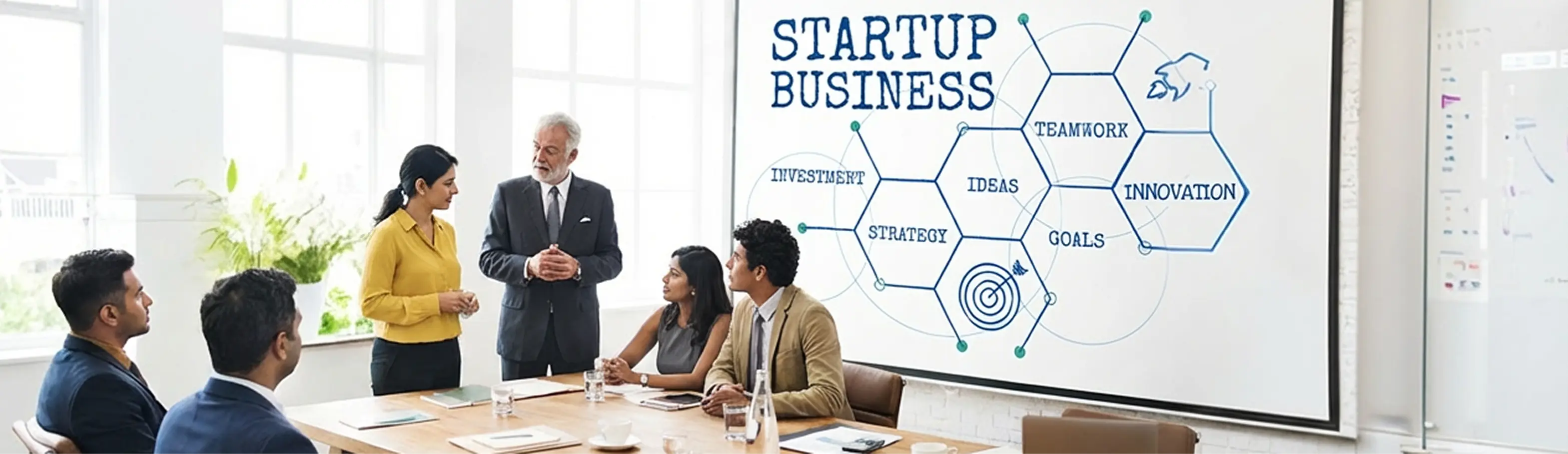 Team presenting a startup business strategy on a whiteboard